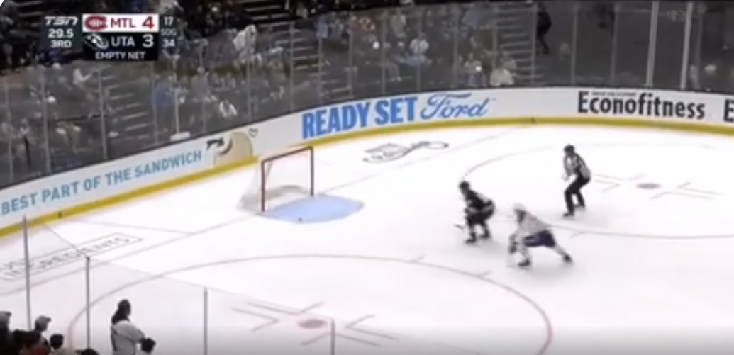 The moment after the linesman blew the whistle showing the confusion on the ice